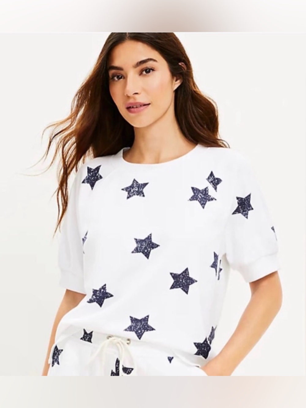 Loft Lou & Grey White Star Print Short Sleeve Terry Crewneck Top